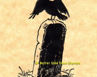 Tombstone Raven Halloween Rubber Stamp