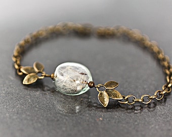 REAL DANDELION bracelet- delicate blown glass lense with real dandelion seeds in bronze leaves and bronze chain.