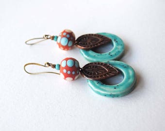 Leaf Earrings, Ceramic Earrings, Lampwork Bead Earrings, Boho Chic Earrings, Orange Turquoise Earrings, Southwestern Colors, Artisan