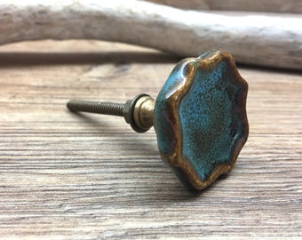 Teal and Brown Concave Ceramic Knob - Gilt Cabinet Decor