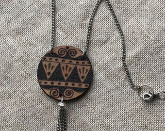 OOAK necklace ~ woodburned wooden wood pendant ~ handmade dangle chain necklace