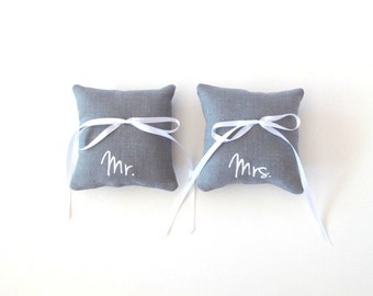 Mr. and Mrs. Wedding Ring Bearer Pillows - Two 4 x 4 inches ring bearer pillows by Sweetnature Designs - Choose your fabric and ink color