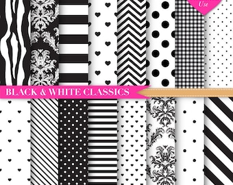 Black and White Digital Paper | Chevron | Zebra Print Digital Paper | Black Stripes | Black and White Polka Dots Digital Paper