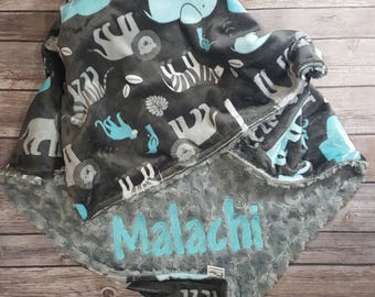 Minky Baby Blanket,Jungle Tales Topaz,Gray Minky Swirl,Personalized Blanket, Newborn Blanket, Baby Boy Blanket, Zoo Animals, Animal Bedding