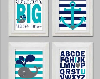 4 Art Prints, Baby Boy Nursery Decor, Whale Nursery, Nautical Theme Nursery, Baby Boy Room