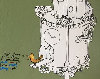Bird house cuckoo clock painting