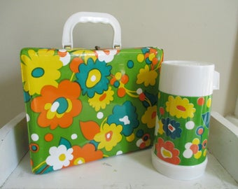 Vintage 1960s 1970s Flower Power Vinyl Lunch Box and Thermos - Mod, Groovy Retro - Orange, Yellow, Lime Green - Alladin Lunch Box Thermos
