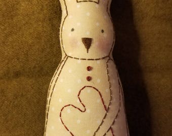 Primitive Stitchery Mini Pillow ~ Bunny Doll With Heart