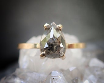 Rose Cut Pear Diamond Ring, Prong Set Grey Pear Diamond Engagement Ring, Salt and Pepper Diamond, 14k Yellow, Rose, or White Gold