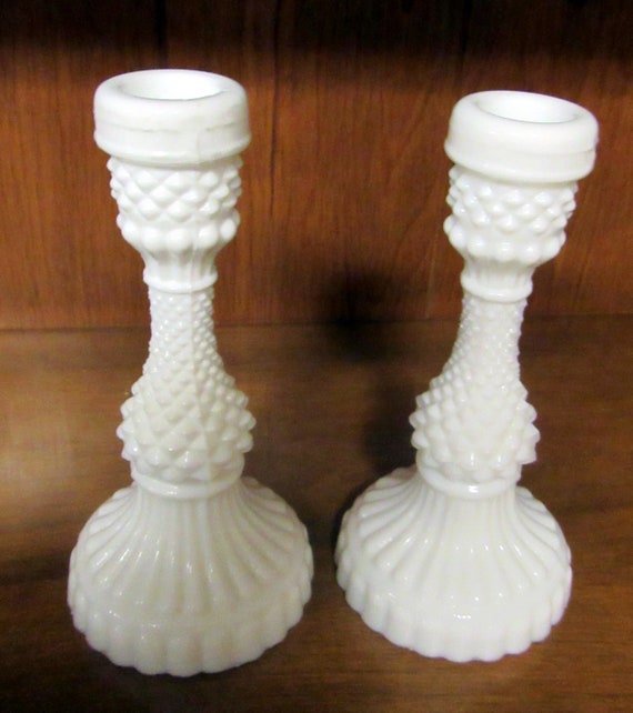 Candle holders hobnail milk glass