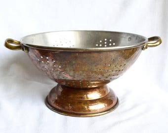 Vintage copper colander with brass handles…copper strainer…rustic...unique patina.