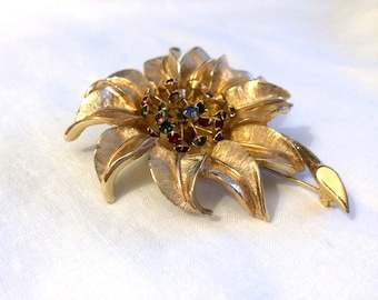 Gold Sunflower Pin Brooch - Multi Colored Rhinestone - Judy Lee Signed 1960s