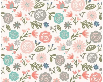 Floral Cotton Fabric - Blush, Gray, Mint Modern Flower Heart and Soul Main Blush - Riley Blake Designs by Deena Rutter - Coral Floral Fabric