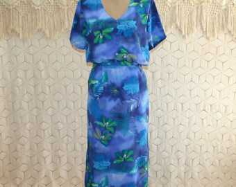 Blue Hawaiian Maxi Dress Long Skirt Set Tropical Short Sleeve V Neck Medium Large Summer Dress 2 Piece Vintage Clothing Womens Clothing