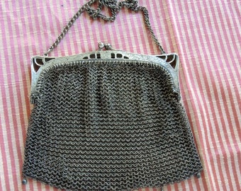 German Silver Mesh Handbag. Mesh Purse, Art Nouveau Mesh Purse