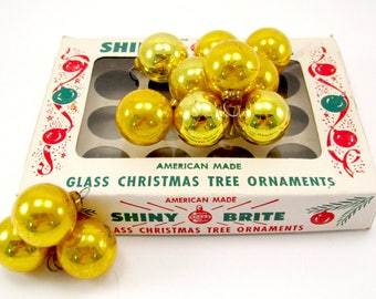 Gold 1950s Shiny Brite Christmas Ornaments Vintage Glass Feather Tree Christmas Decorations Boxed Set