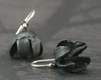 Seed Pod Dangle Earrings in Oxidized Sterling Silver with Silver French Ear Wire--Hand Cast Crape Myrtle Seed Pod - Floral Jewelry