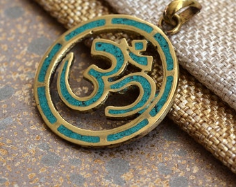 Brass Om Pendant, Turquoise Inlay Om Pendant, Nepal Brass Pendant, Ohm Pendant, Om Necklace, Tibetan Pendants, Yoga Jewelry, One,BID17-0123A