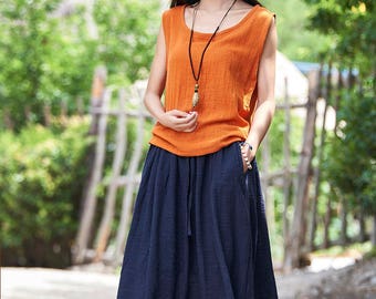 Women cotton and linen T-shirt – Sleeveless summer thin loose vest style t-shirt