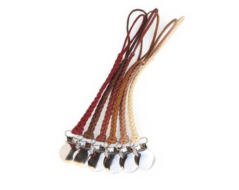 Brown / Tan / Cream / Copper | Braided Faux Suede Leather | Pacifier Clip / Binky Clip / Teether Clip /Soother Clip / Dummy Clip -Metal Clip