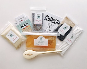 1 Gallon Kombucha Making Kit: SCOBY, tea, sugar, starter kombucha, ebook,etched wooden spoon, cloth cover and band. Kombucha Christmas Gift