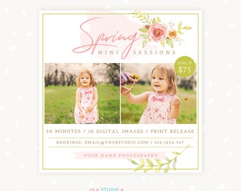 Spring Mini Session Template, Spring minis, Spring Marketing Board, Photoshop Template, Watercolor, Floral, Spring Mini Sessions Template