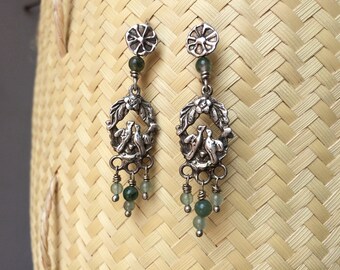 Antique silver 925 earrings with birds and flowers.