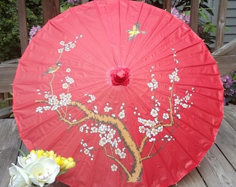 FAST, Free U.S. Shipping, GIFT with Purchase! Parasol / Sun Umbrella - Red with Cherry Blossoms - Weddings, Bridal Showers, Special Events