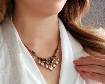 Lily of the Valley Necklace, Flower Necklace, Gift for Her, Art Nouveau Necklace, Wedding Necklace, Pearl Necklace, Vintage Necklace N585