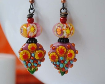 Floral Earrings, Colorful Earrings, Pink Yellow Earrings, Flower Earrings, Lampwork Glass Earrings, Glass Bead Earrings, Artisan Earrings
