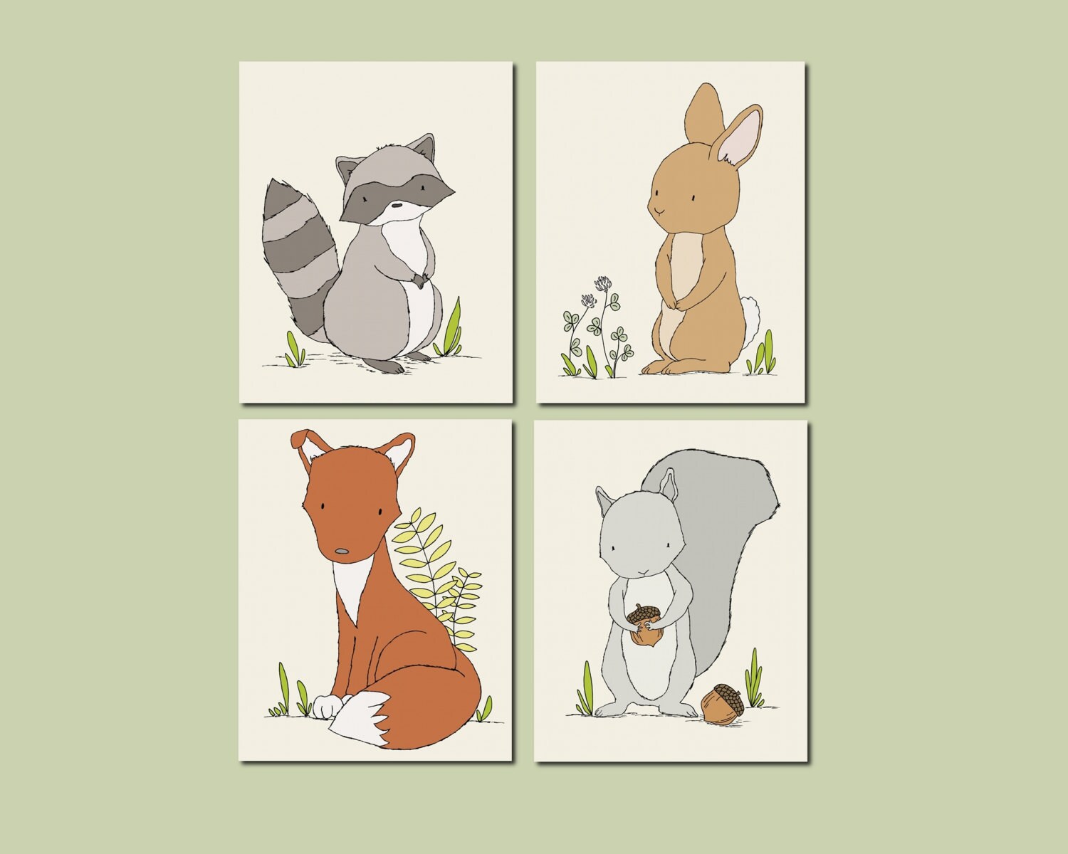 Woodland Nursery Art Woodland Animal Art Set of 4 Prints