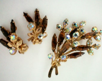 Deep Brown and AB Rhinestone Brooch & Earrings - 2361