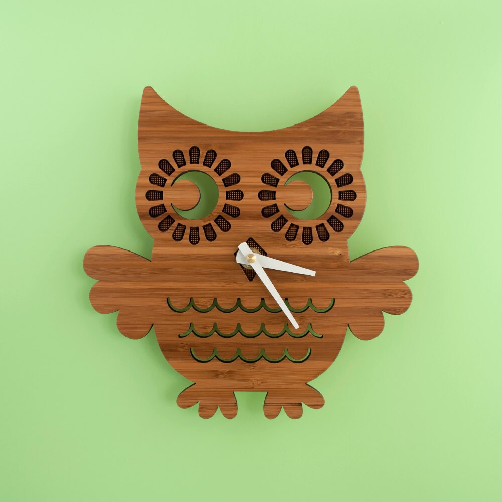 Bamboo Owl Wall Clock Woodland Forest Animal Nature Nursery Zoom