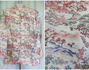 1940s Asian Silk Brocade Topper Coat Evening Jacket Cheongsam Mandarin Collar Frog Closures Vintage Brocade Eastern Village Bonsai