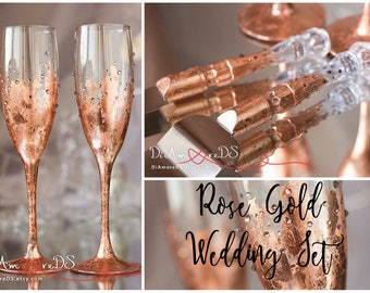 Rose Gold Wedding Toasting Glasses and Cake Server Set, Rose Gold Champagne Flutes, Wedding Cake Server, Personalized Bronze Cake Knife 4pcs
