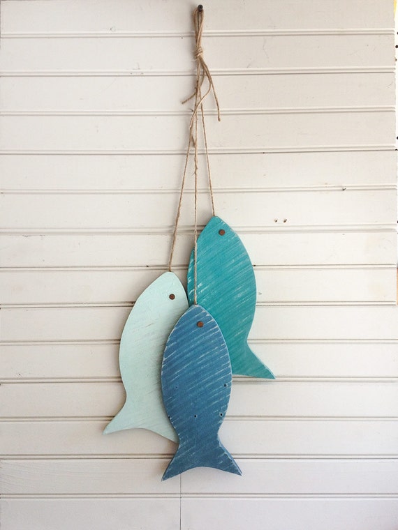 Painted String of Wooden Fish  Wall  decor  made with repurposed