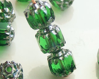 6mm Cathedral Beads Czech Glass Fire Polish Green with Silver (Qty 10) SRB-6FPC-G-S