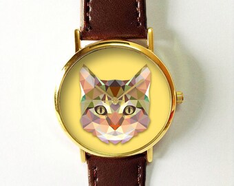 Geometric Cat Face Watch, Leather Watch, Women's Watch, Men's Watch, Vintage Style Watch, Cat Lovers, Gift, Polygonal, Unique, Personalized
