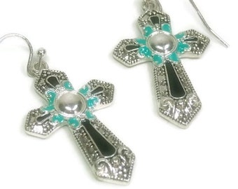 Cross Earrings, Turquoise Earrings, Stamped Cross Earrings, Native, Tribal Earrings, Southwestern, Western Cross Jewelry, Religious, Easter