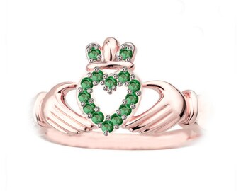 Rose Gold Claddagh Ring, Claddagh Ring, Claddagh Engagement Ring, Green Stone Claddagh Ring, Women Claddagh Ring, Irish Engagement Ring