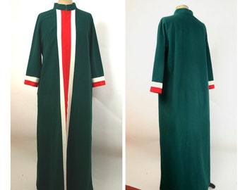 60s Dark Green Womens XL Ankle Length Robe Housecoat Vertical Front Stripe White Red Front Zip Mock Neck