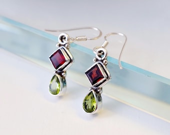 Garnet earrings, peridot, red jewelry mom, red gift wife, gemstone gift wife, January Birthstone, green gift sister, birthday gift for her