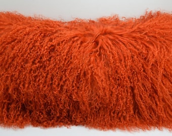 Tangerine Orange Mongolian tibetan Lamb fur Pillow new made in usa authentic tibet cushion insert included