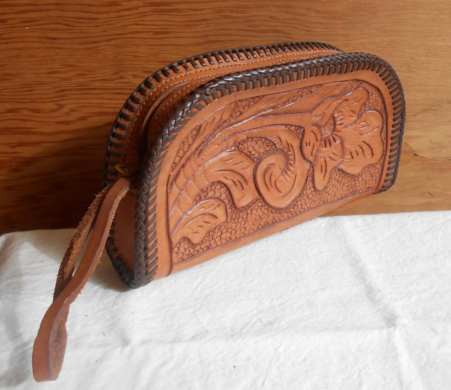 Vintage Handmade Hand Tooled Leather Wristlet Small Purse