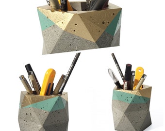 Geometric Concrete Pencil Holder // Pencil Cup // Desk Organizer (Gold & Sage)