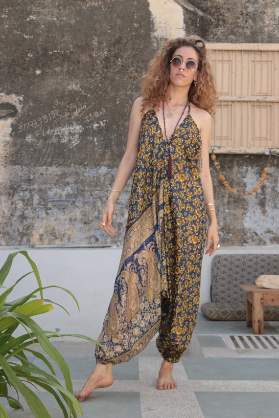 BLUE FLORAL JUMPSUIT - Summer - Wedding - Festival - Handmade - Vintage Sari fabric - Festival - Hippie - Halterneck - Couture - Bohemian