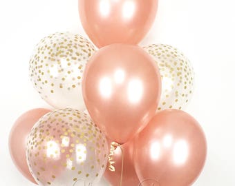 ROSE GOLD Balloon Bouquet - Mix of 8 Latex Balloons in Rose Gold and Confetti-Printed Balloons - Rose Gold Balloons, Confetti Balloons