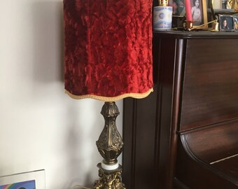 Huge Vintage Hollywood Regency Cherub Gold Gilt with Red Velvet Lamp
