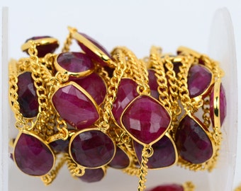 One Foot Ruby Bezel Connector Chain, Gold Plated Chain, Bezel Setting, Ruby Gemstone, DIY Jewelry, Jewelry Supply, GemMartUSA (GPRB-20002)
