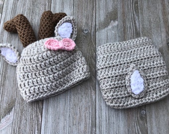 Adorable deer hat and diaper cover photo prop for that special new baby.